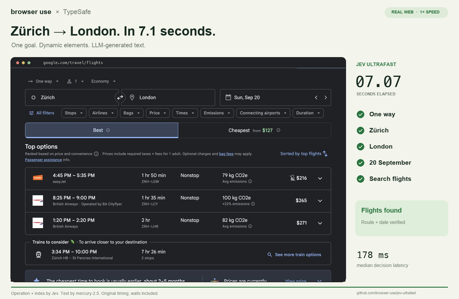 Original Jev Ultrafast result showing a Zurich-to-London flight search completed in 7.1 seconds